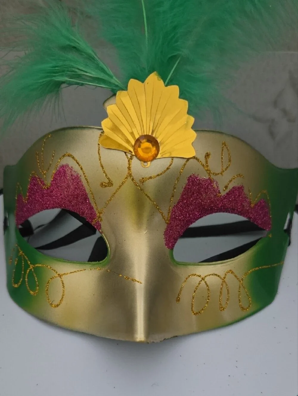 Gold & Green Feather Mardi Gras Mask with Pink Accents